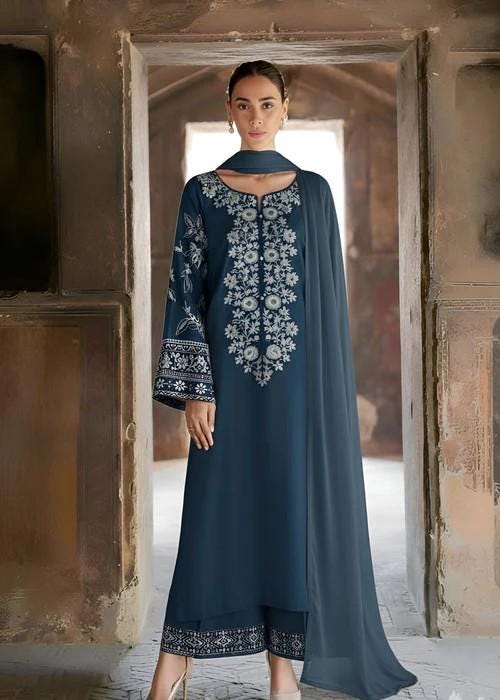 Embroidered Linen Long Kurta Suit - 2 Piece - Blue