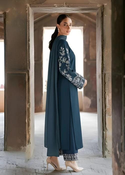 Embroidered Linen Long Kurta Suit - 2 Piece - Blue