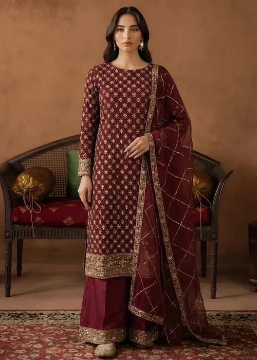 3 Piece Embroidered Chiffon Palazzo Suit - Silk Pants
