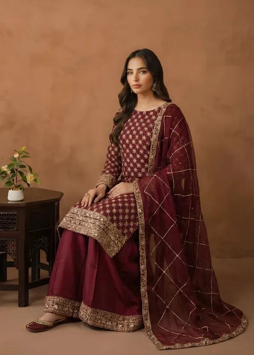 3 Piece Embroidered Chiffon Palazzo Suit - Silk Pants
