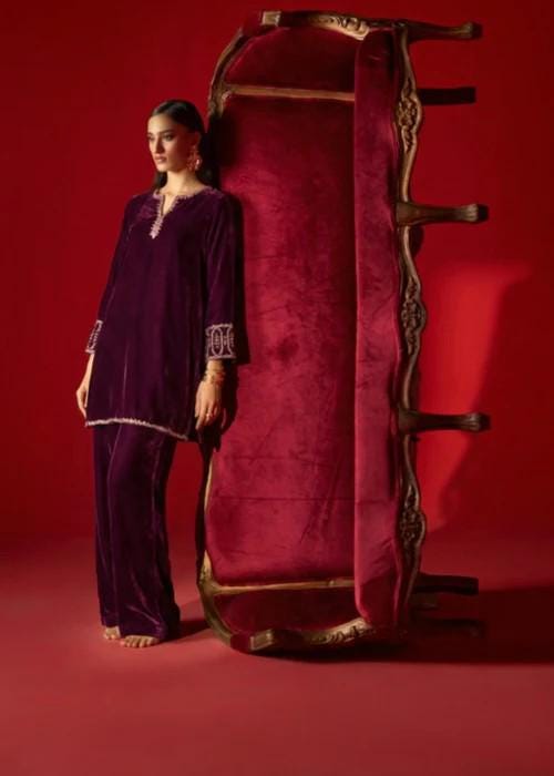 Embroidered Velvet Kurta Set - 2 Piece Designer Wear - Deep Purple