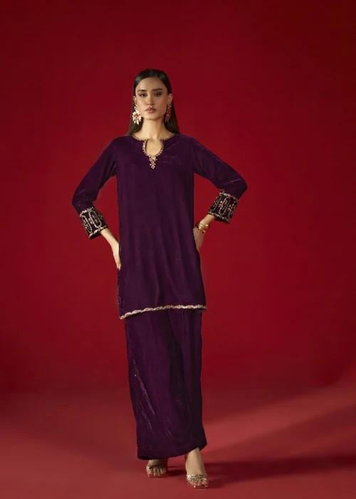 Embroidered Velvet Kurta Set - 2 Piece Designer Wear - Deep Purple