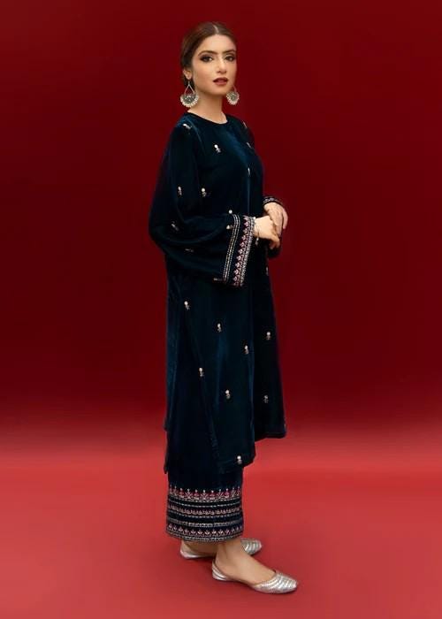 Embroidered Velvet Kurta Set - 2 Piece Designer Wear - Teal Color