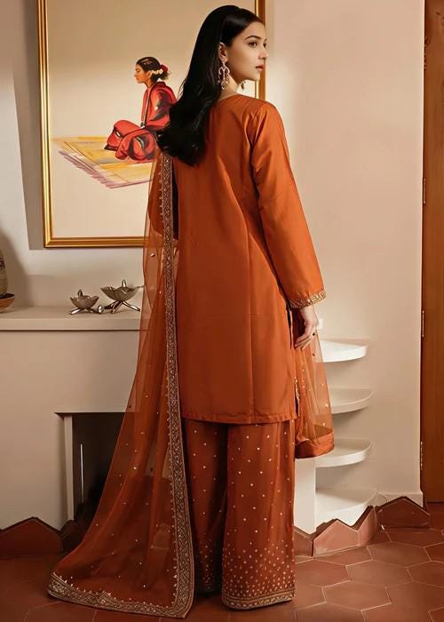 Embroidered Luxurious Silk Farshi Shalwar with Chiffon Dupatta - Rust