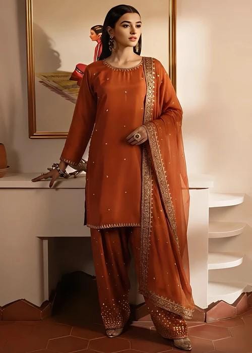 Embroidered Luxurious Silk Farshi Shalwar with Chiffon Dupatta - Rust