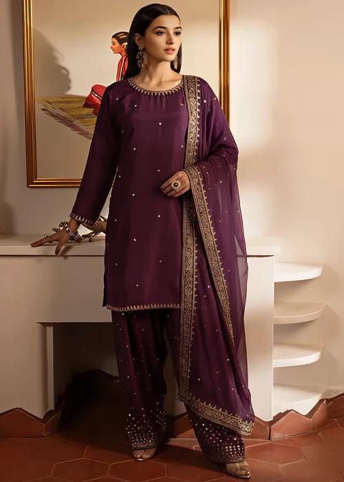 Embroidered Silk Farshi Shalwar with Chiffon Dupatta - Plum Purple