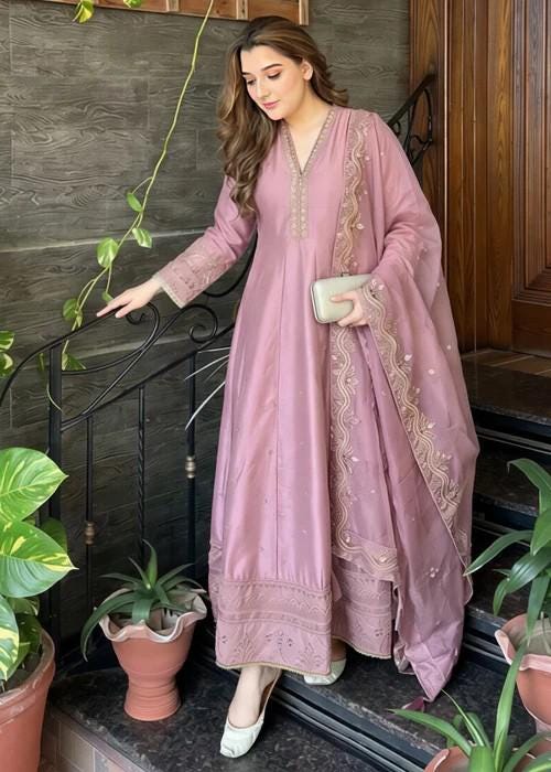 3 Piece Embroidered Silk Maxi Dress - Lilac