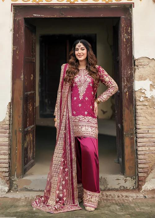 3 Piece Golden Embroidered Charmeuse Silk Suit - Raspberry Pink