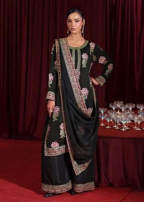3 Piece Embroidered Chiffon Palazzo Suit - Raw Silk Pants