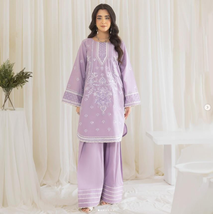 Embroidered Lawn Farshi Shalwar Suit - 2 Piece - Lilac - Large (Bust size 44")