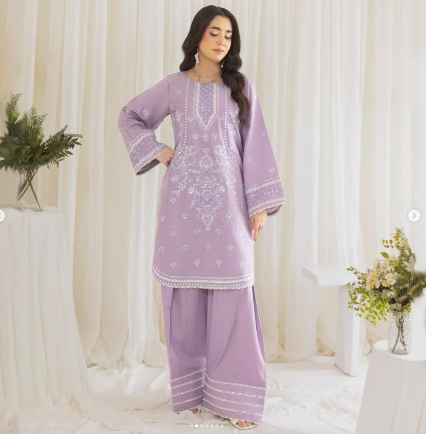 Embroidered Lawn Farshi Shalwar Suit - 2 Piece - Lilac - Large (Bust size 44")