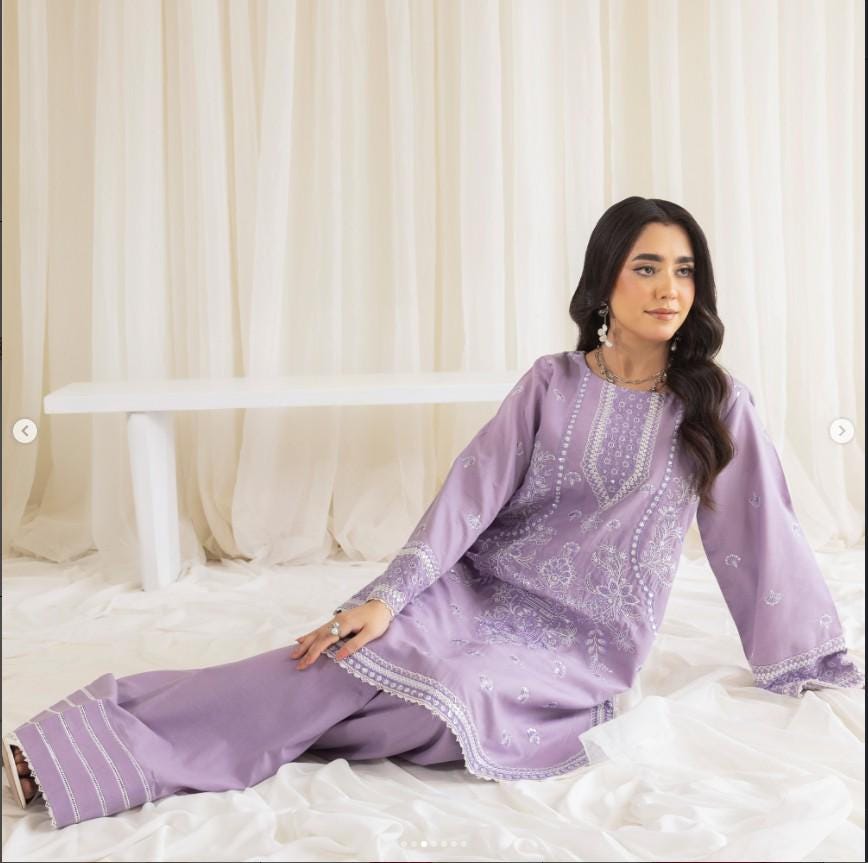 Embroidered Lawn Farshi Shalwar Suit - 2 Piece - Lilac - Large (Bust size 44")