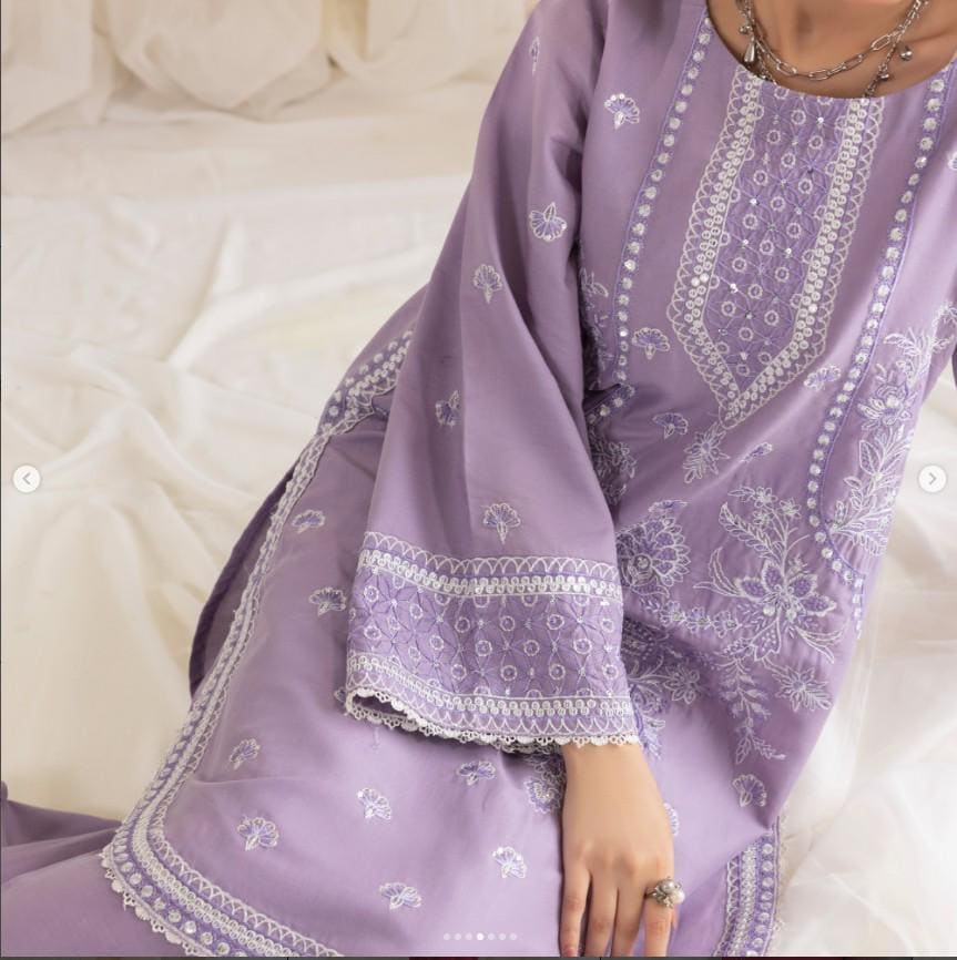 Embroidered Lawn Farshi Shalwar Suit - 2 Piece - Lilac - Large (Bust size 44")