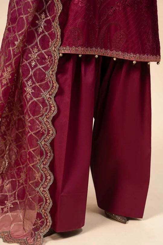 Maria.B - Farshi Shalwar 3 Piece Embroidered Linen Suit - Maroon