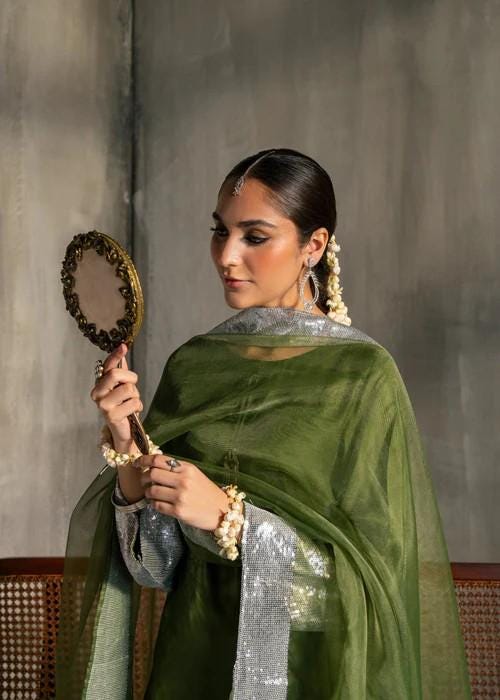 Viscose Raw Silk Farshi Shalwar with Organza Dupatta - Olive Green