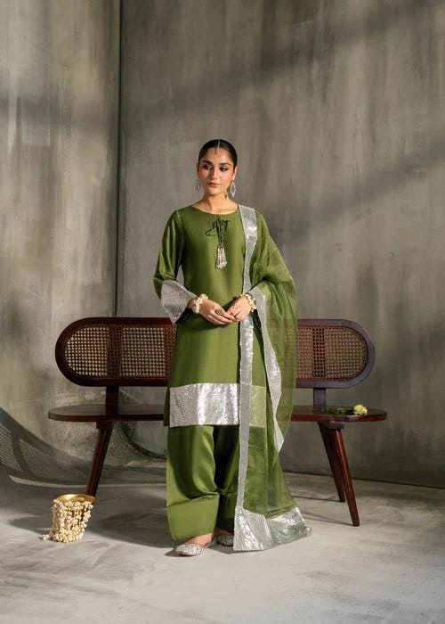 Viscose Raw Silk Farshi Shalwar with Organza Dupatta - Olive Green