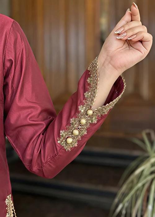 Embroidered Silk Farshi Shalwar Suit with Organza Dupatta - 3 Piece - Maroon