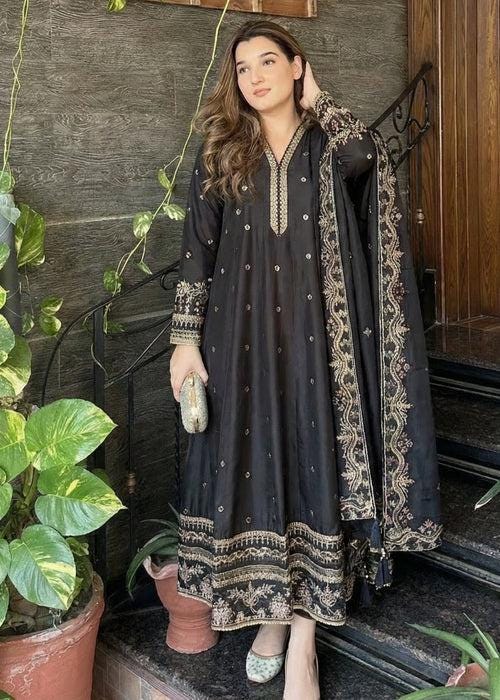 3 Piece Embroidered Silk Maxi Dress - Black