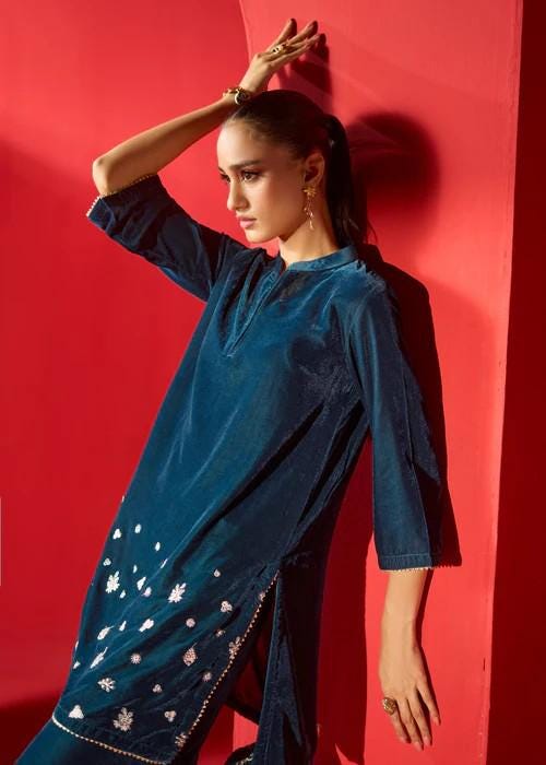 Embroidered Velvet Kurta Set - 2 Piece Designer Wear - Teal