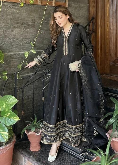 3 Piece Embroidered Silk Maxi Dress - Black