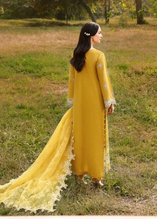 Embroidered Jacquard Long Kurta Suit: Mellow Yellow - 3 Piece