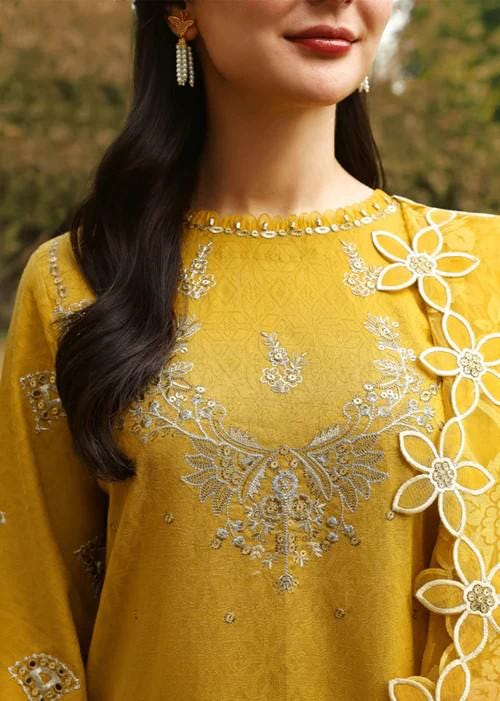 Embroidered Jacquard Long Kurta Suit: Mellow Yellow - 3 Piece