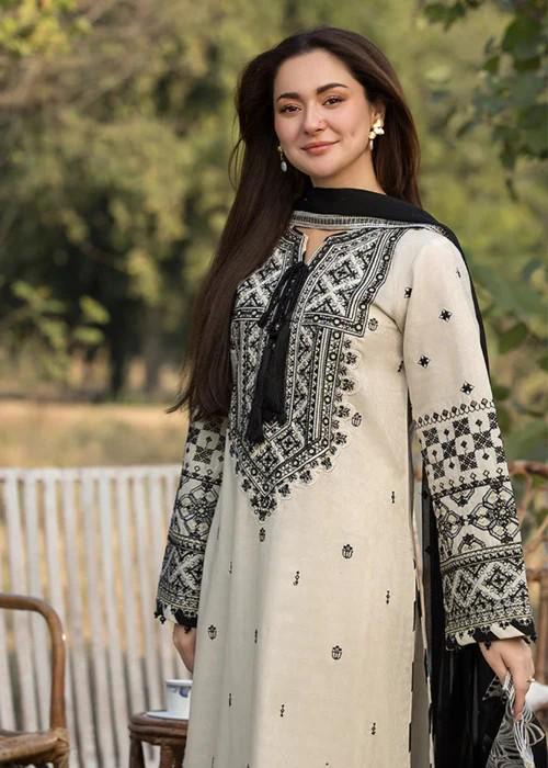 3 piece - Embroidered Linen Long Kurta Suit with Chiffon Dupatta