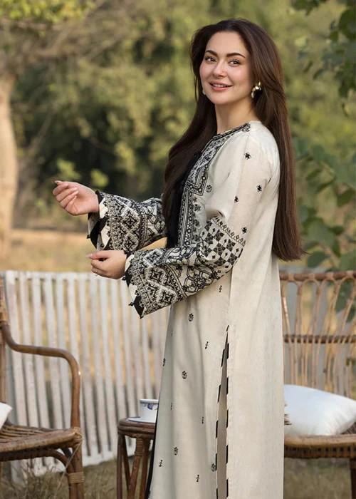 3 piece - Embroidered Linen Long Kurta Suit with Chiffon Dupatta