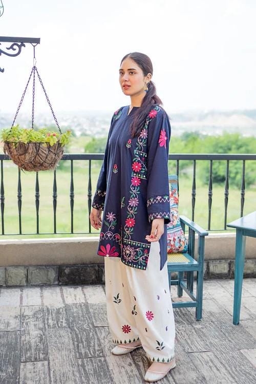 2 piece - Embroidered Soft Khaddar Farshi Shalwar Suit - Off White and Navy Blue