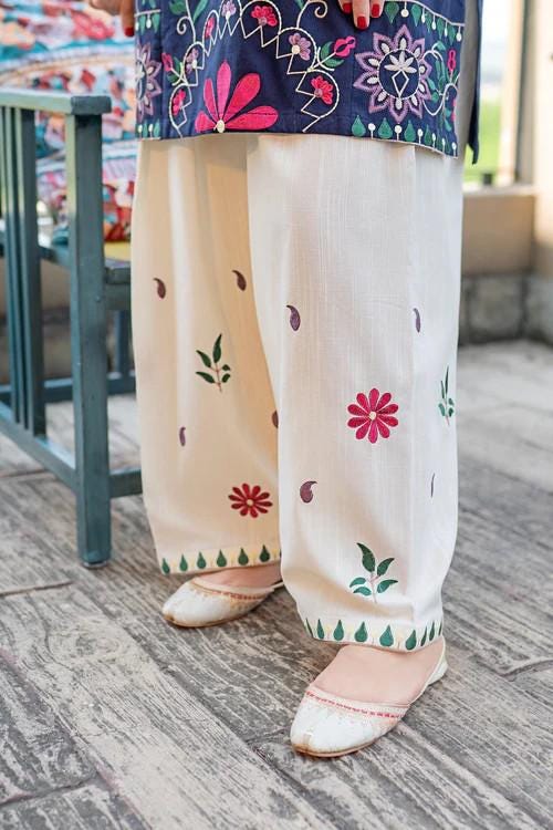 2 piece - Embroidered Soft Khaddar Farshi Shalwar Suit - Off White and Navy Blue