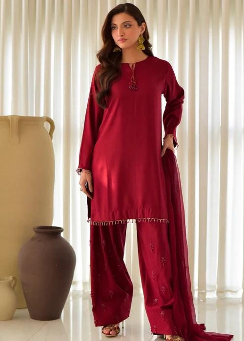 Embroidered Raw Silk Farshi Shalwar with Chiffon Dupatta - Maroon