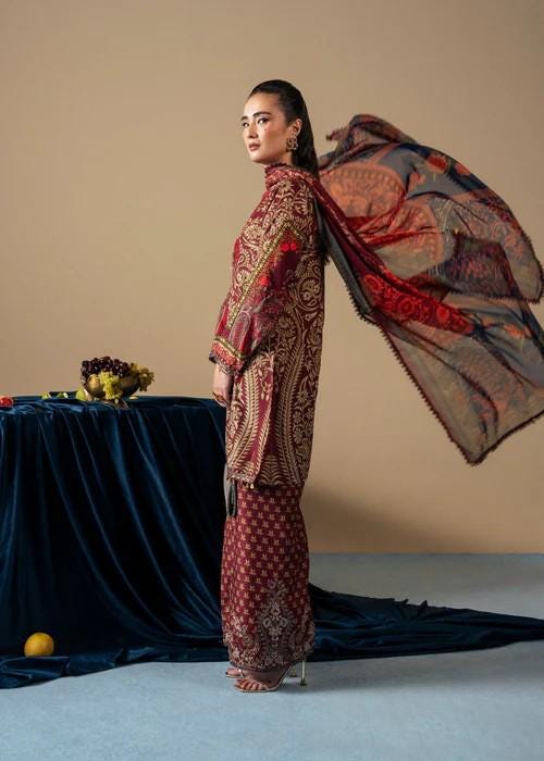 3 Piece Maroon Silk Palazzo Suit: XL - Bust 48"
