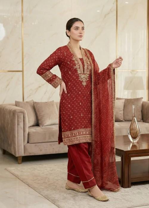 Embroidered Chiffon Kurta Set - 3 Piece - Raw Silk Shalwar -Rust Red