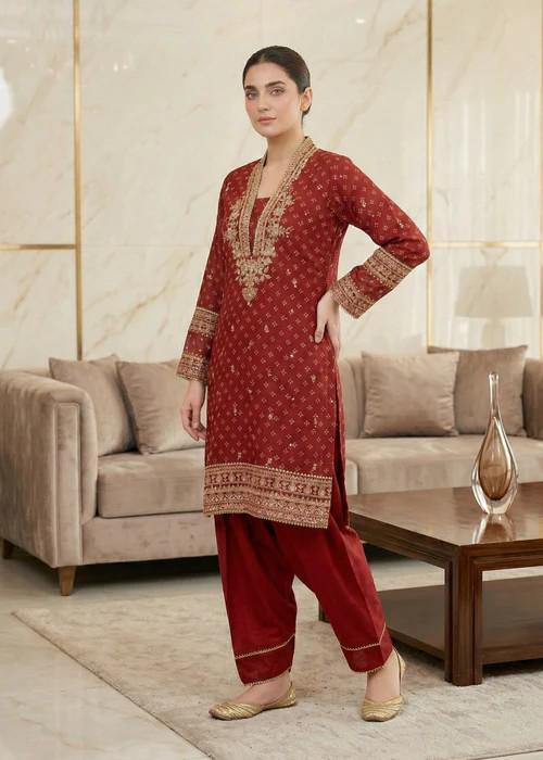 Embroidered Chiffon Kurta Set - 3 Piece - Raw Silk Shalwar -Rust Red