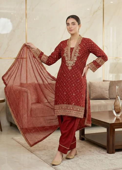 Embroidered Chiffon Kurta Set - 3 Piece - Raw Silk Shalwar -Rust Red