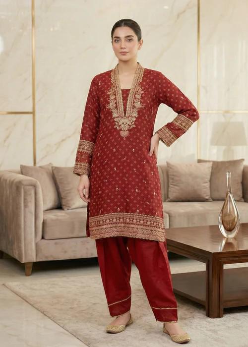 Embroidered Chiffon Kurta Set - 3 Piece - Raw Silk Shalwar -Rust Red