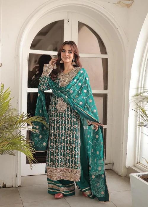 4 Piece Embroidered Chiffon Kurta Set with Potli Bag - Raw Silk Pants - Sea Green