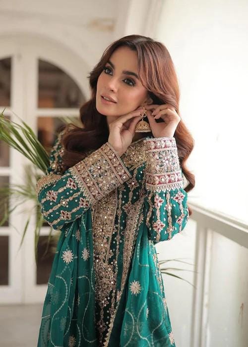 4 Piece Embroidered Chiffon Kurta Set with Potli Bag - Raw Silk Pants - Sea Green