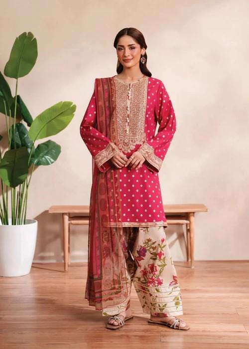 3 Piece Embroidered Pink Cotton Suit - Chiffon Dupatta