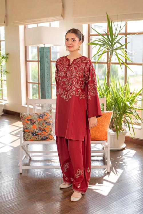 2 piece - Embroidered Soft Khaddar Farshi Shalwar Suit - Maroon