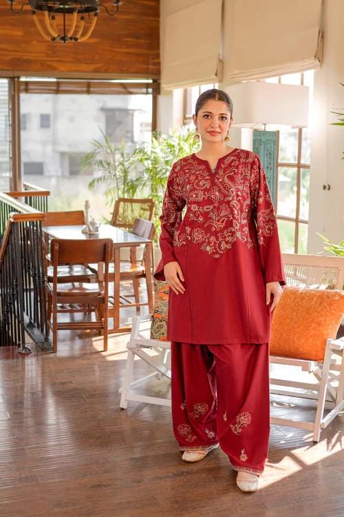 2 piece - Embroidered Soft Khaddar Farshi Shalwar Suit - Maroon