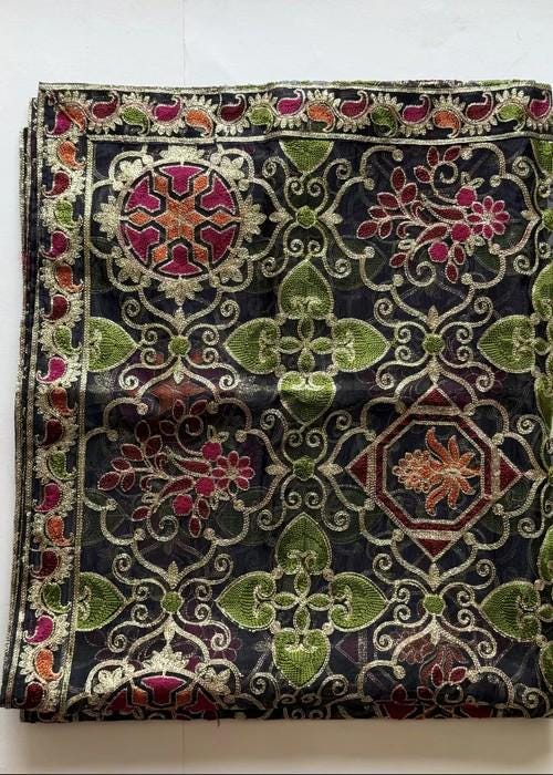 Heavily Embroidered Organza Tissue Silk Dupatta - Green Vine