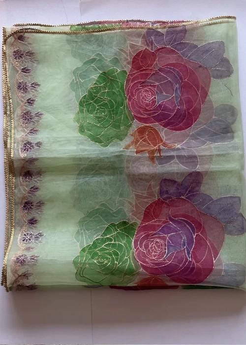 Hand Painted Organza Dupatta with Tilla Work - Mint Green