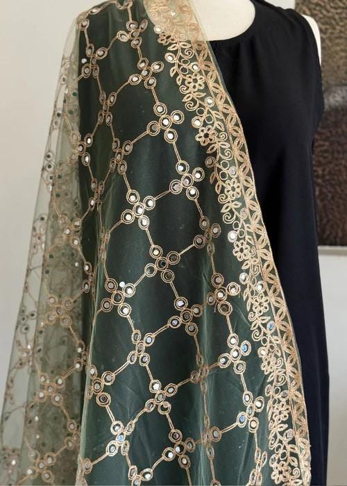 Gold and Green Embroidered Net Dupatta - Tilla Work