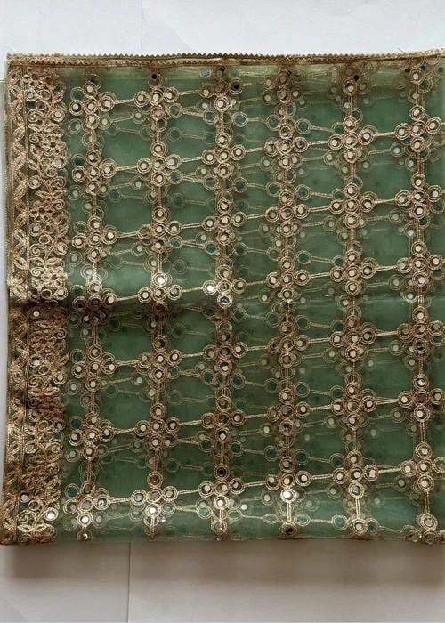 Gold and Green Embroidered Net Dupatta - Tilla Work