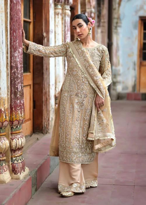 4 Piece Embroidered Net & Silk Suit With Potli Bag - Beige