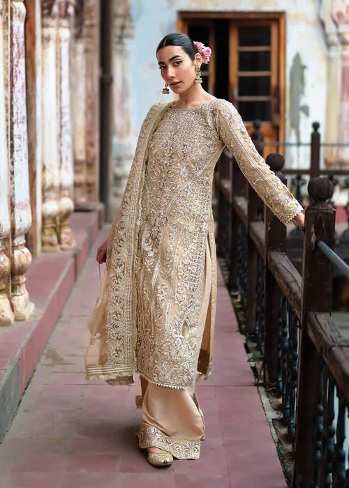 4 Piece Embroidered Net & Silk Suit With Potli Bag - Beige