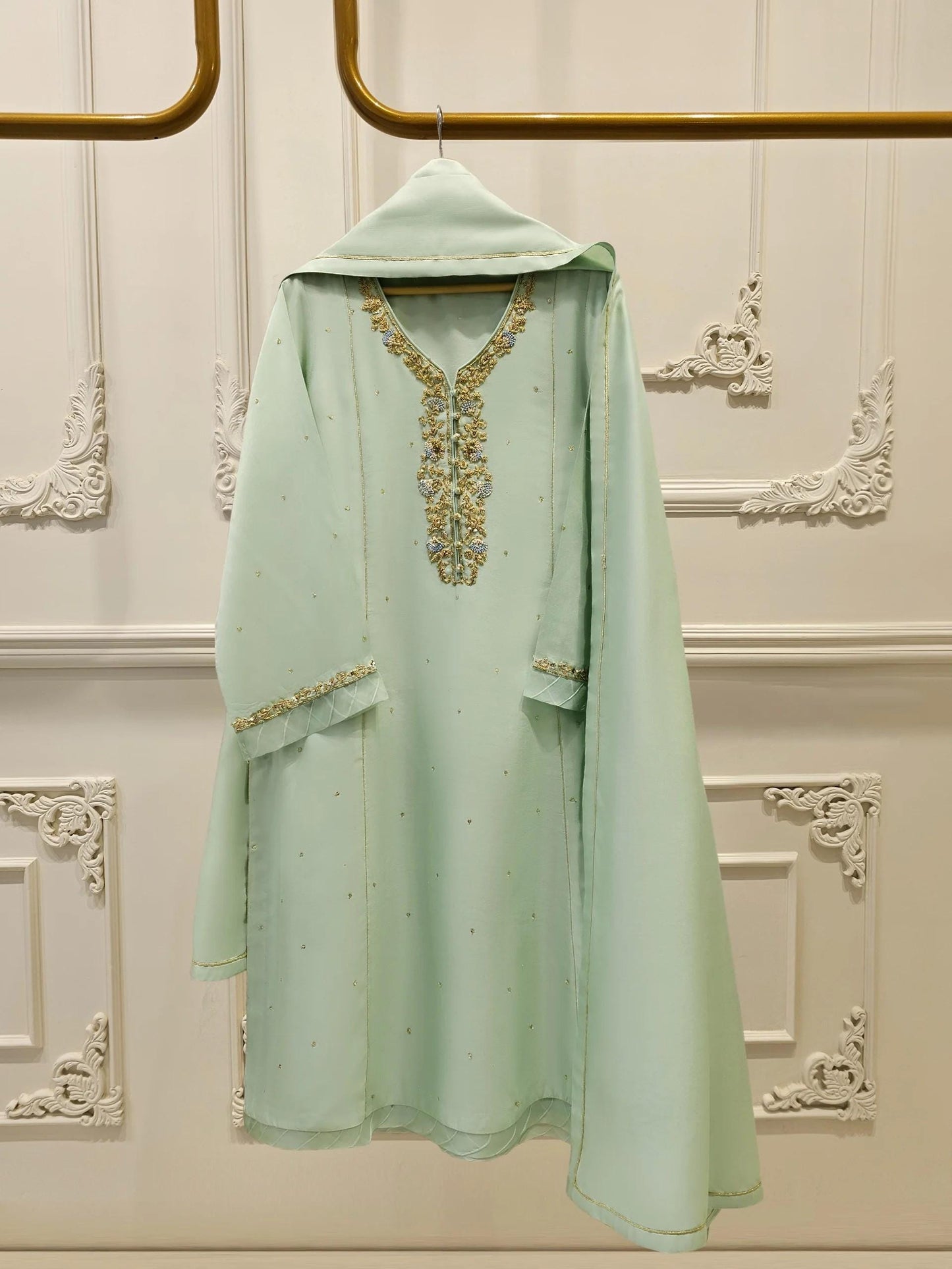 Agha Noor Embroidered Silk Net Suit: Mint Green, Korean Silk Pants