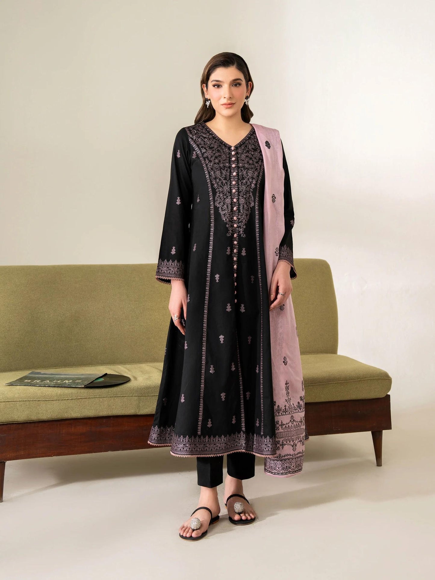 3 Piece Screen Printed Black Frock Suit