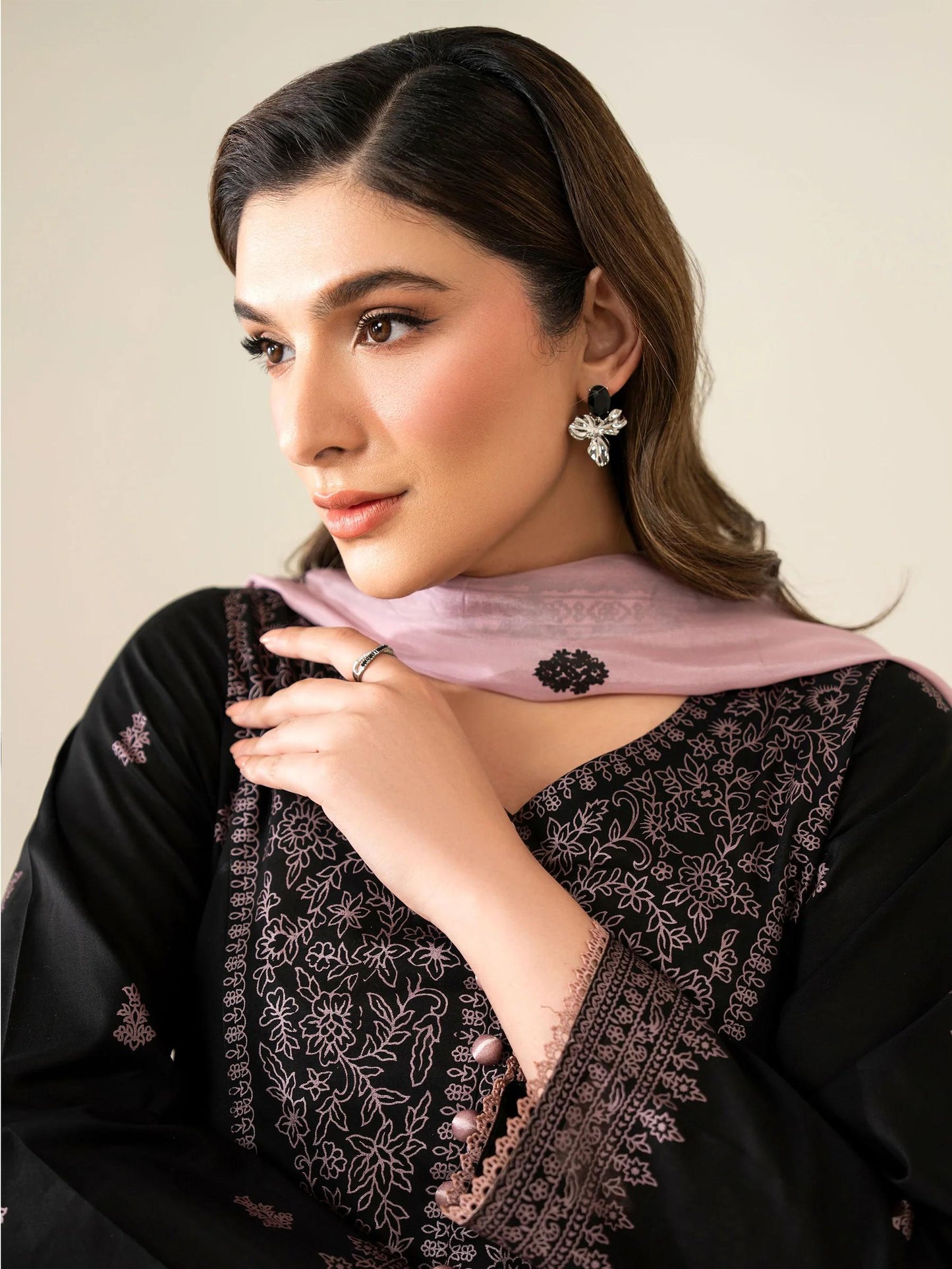 3 Piece Screen Printed Black Frock Suit